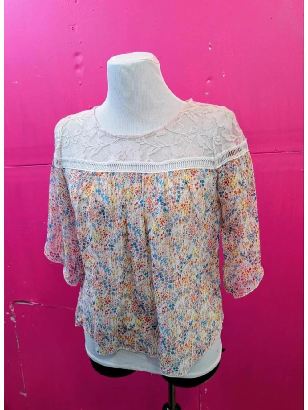 SOLD Lace Chiffon Metallic Peasant Blouse S